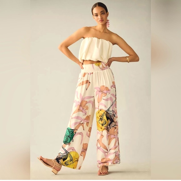Maeve Pants - Anthro Maeve Pia Binazzi Smocked Floral Fish Wide-Leg Pants S